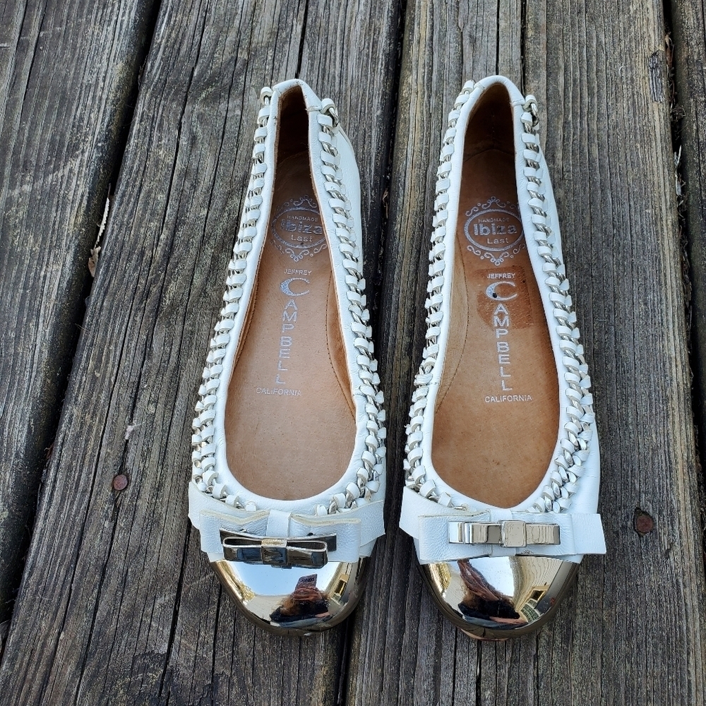 Jeffrey Campbell Carrie B White Leather Chain Metal Cap Toe Bow Ballet Flats 6